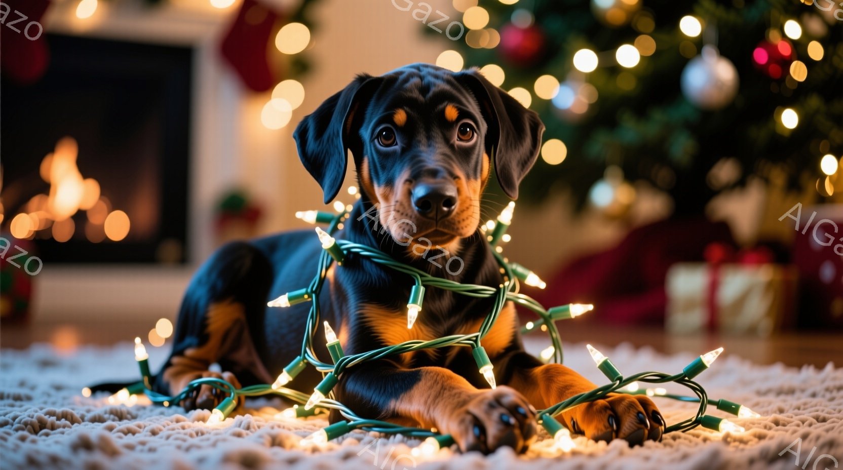 暖炉のそばのカーペットの上に、クリスマスツリーのイルミネーションにくるまれたドーベルマンの子犬が横たわっています。子犬は茶色の足と黒い体をしており、前足は伸ばし、穏やかな表情でカメラを見つめています。 - AI生成フリー素材