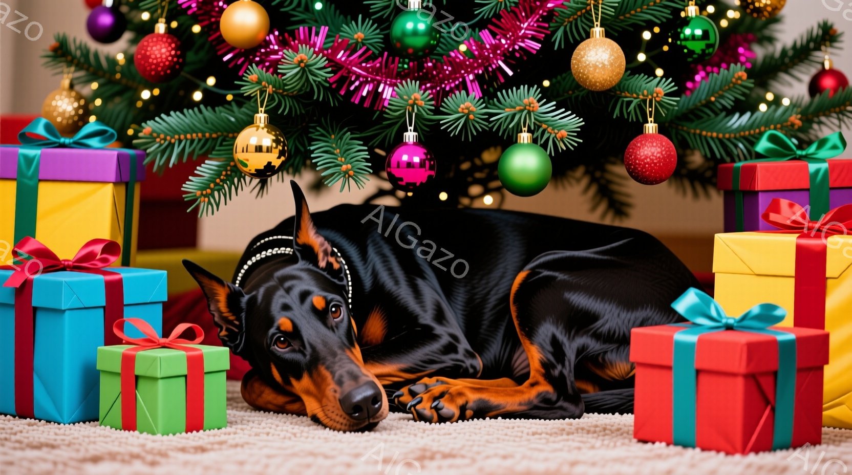 ドーベルマンがクリスマスツリーの下に横たわり、プレゼントの山を見下ろしている。犬は首輪をつけており、リラックスした表情で、周囲のカラフルなプレゼントとキラキラ光るクリスマスツリーが、温かくお祝いの雰囲 - AI生成フリー素材