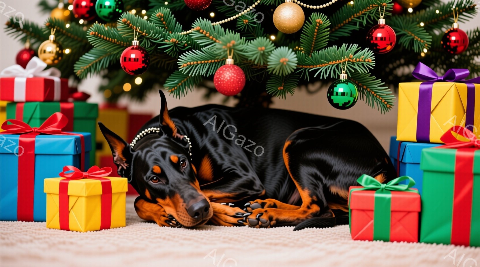 黒いドーベルマンが、クリスマスツリーの下、プレゼントの山の中で横たわっています。プレゼントは赤、青、緑、黄色と様々な色で、リボンで飾られています。背景にはぼんやりとクリスマスツリーの緑と装飾が見え、暖 - AI生成フリー素材