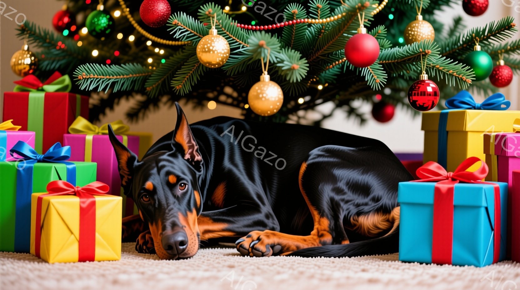 黒いドーベルマンがクリスマスツリーの下に横たわり、カラフルなプレゼントに囲まれています。犬は落ち着いた表情で、リラックスした姿勢で床に体を預けています。背景には緑のクリスマスツリーと輝くオーナメントが - AI生成フリー素材