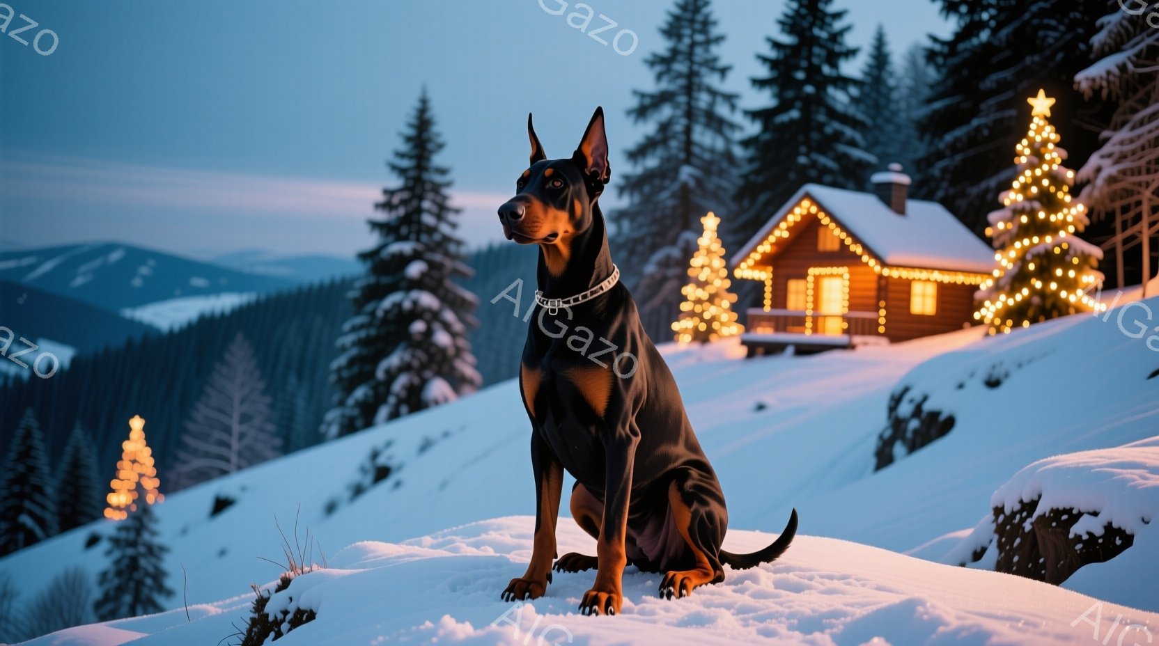 真っ白な雪の上に、堂々としたドーベルマンが座っています。背景には、クリスマスイルミネーションで飾られた可愛らしいログハウスと、雪に覆われた森林が広がっています。夕暮れ時の空と雪景色が、暖かく穏やかな冬 - AI生成フリー素材