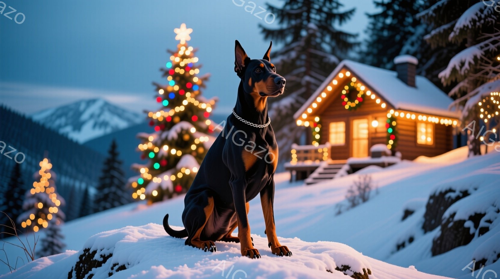 雪に覆われた丘の上に、堂々としたドーベルマンが座っている。背景には、クリスマスツリーや飾り付けられた可愛らしいキャビンがあり、雪景色の中に暖かく輝く光が散りばめられている。全体的に、冬の静けさとクリス - AI生成フリー素材