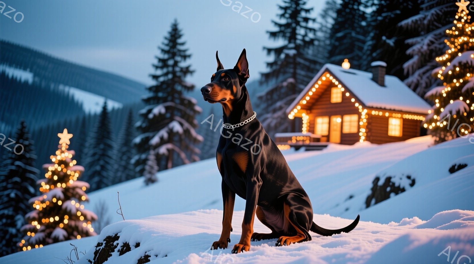 黒いドーベルマンが雪景色の中に座っており、首輪をつけて凛々しく正面を見据えています。背景にはクリスマスツリーのようにライトアップされた木々と、温かい光を放つログハウスが見え、冬の暖かく幻想的な雰囲気を - AI生成フリー素材