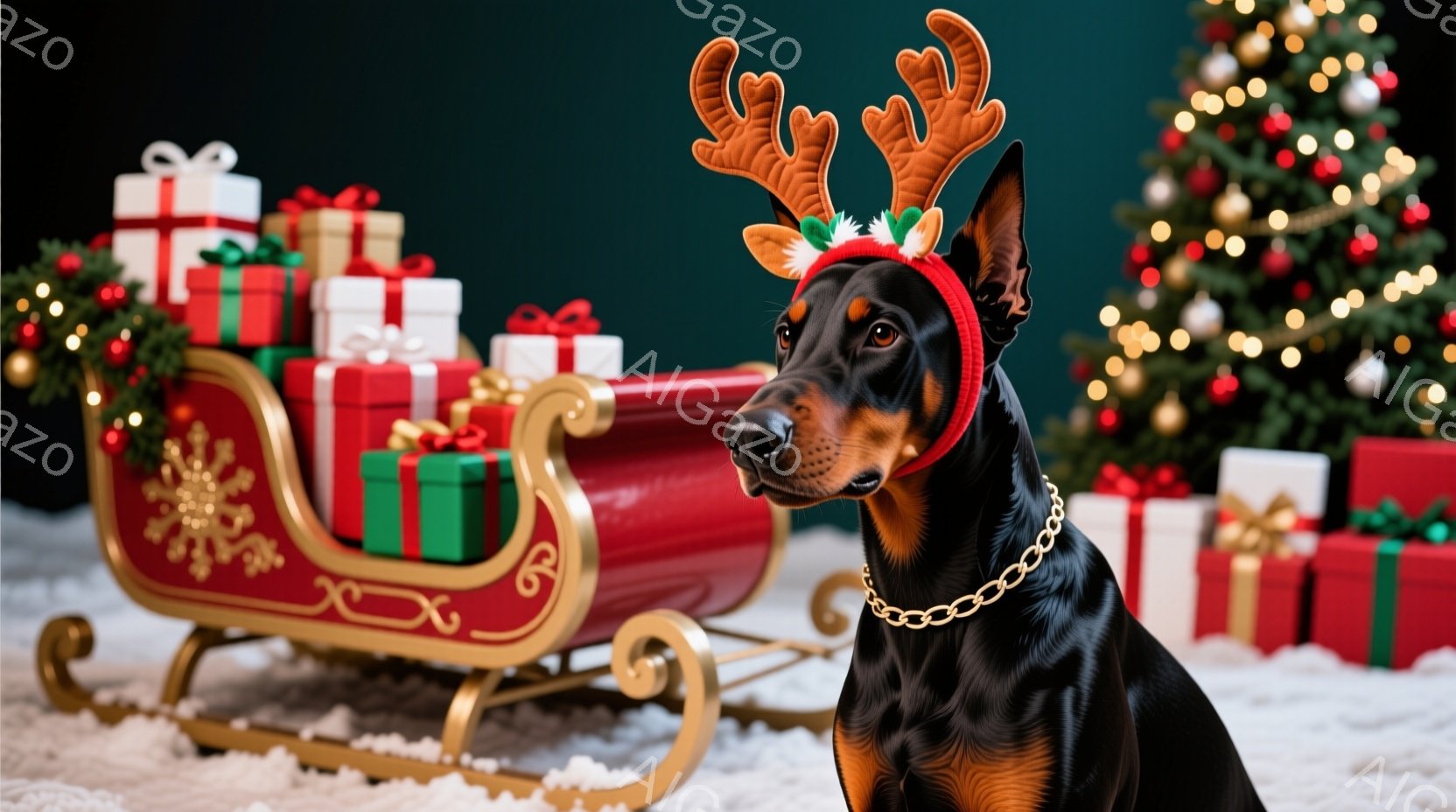 ドーベルマンがクリスマスの角の頭飾りと首輪をつけて、雪景色の中で座っています。背景にはプレゼントが積み込まれた赤いそり、そしてぼやけたクリスマスツリーの光が見えます。全体的に温かく、お祝いムードにあふ - AI生成フリー素材