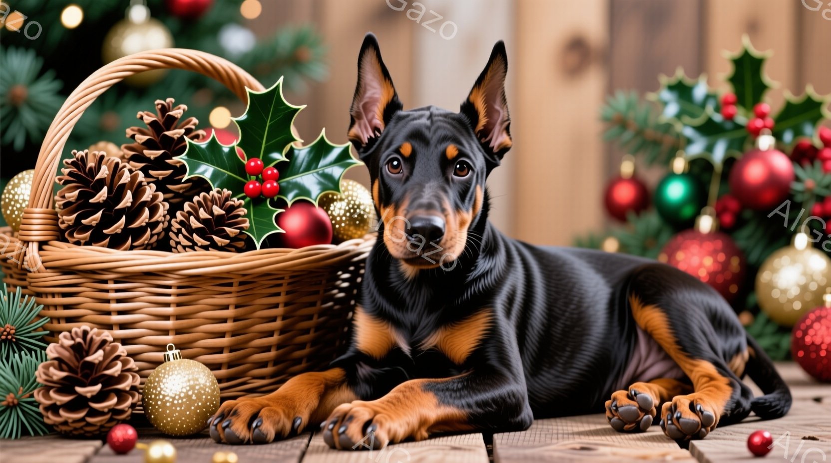 黒と茶色のドーベルマンが木製の床に横たわっており、リラックスした表情をしています。背景には、松ぼっくりや赤い実で飾られたバスケットや、キラキラと輝くオーナメントで彩られたクリスマスツリーが見え、全体的 - AI生成フリー素材