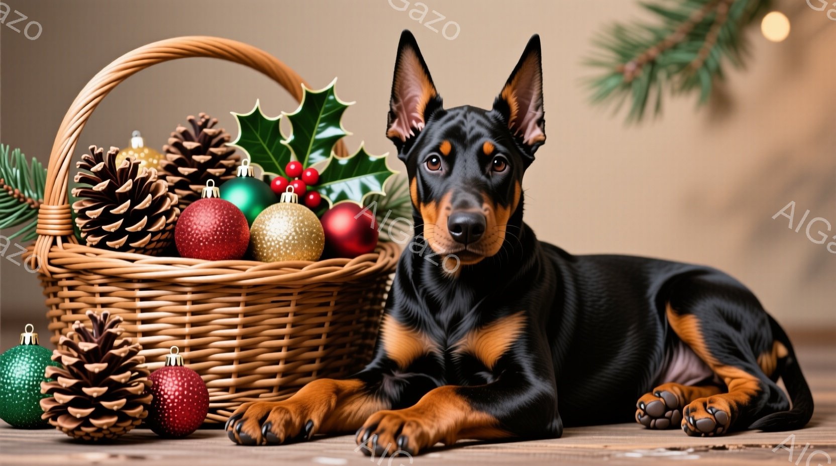 黒と焦げ茶色のダックスフントが、クリスマスオーナメントや松ぼっくりが入った籐のバスケットの横に横たわっています。犬はリラックスした表情で、前足を伸ばし、カメラの方を見ています。背景には木製の床があり、 - AI生成フリー素材
