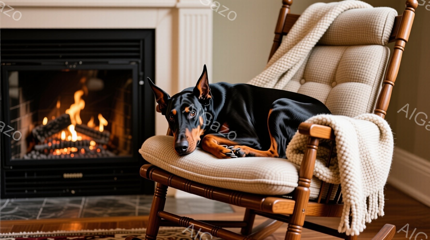 暖炉の前でロッキングチェアに横たわるドーベルマンが写っています。犬はリラックスした表情で、落ち着いた茶色のロッキングチェアに体を預れ、白いニットブランケットが椅子にかかっています。背景には暖炉があり、 - AI生成フリー素材