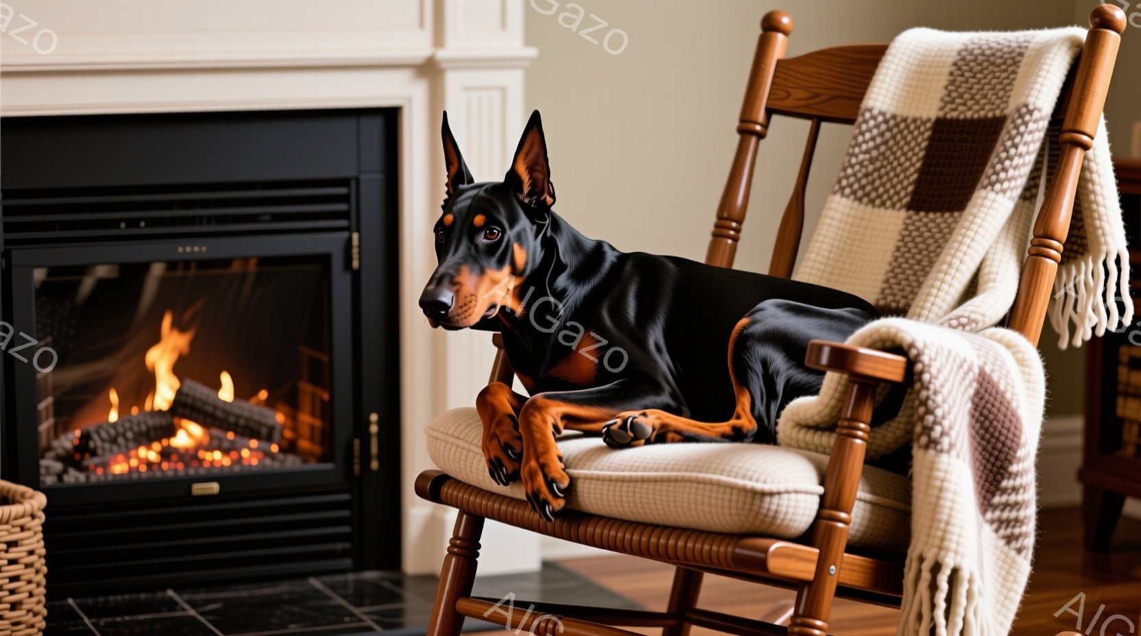 黒いダックスフント犬が、クリーム色のクッションが置かれたロッキングチェアに横たわっています。椅子には、ベージュと白のチェック柄の毛布が優しく掛けられています。背景には、炎が燃えている暖炉と、バスケット - AI生成フリー素材