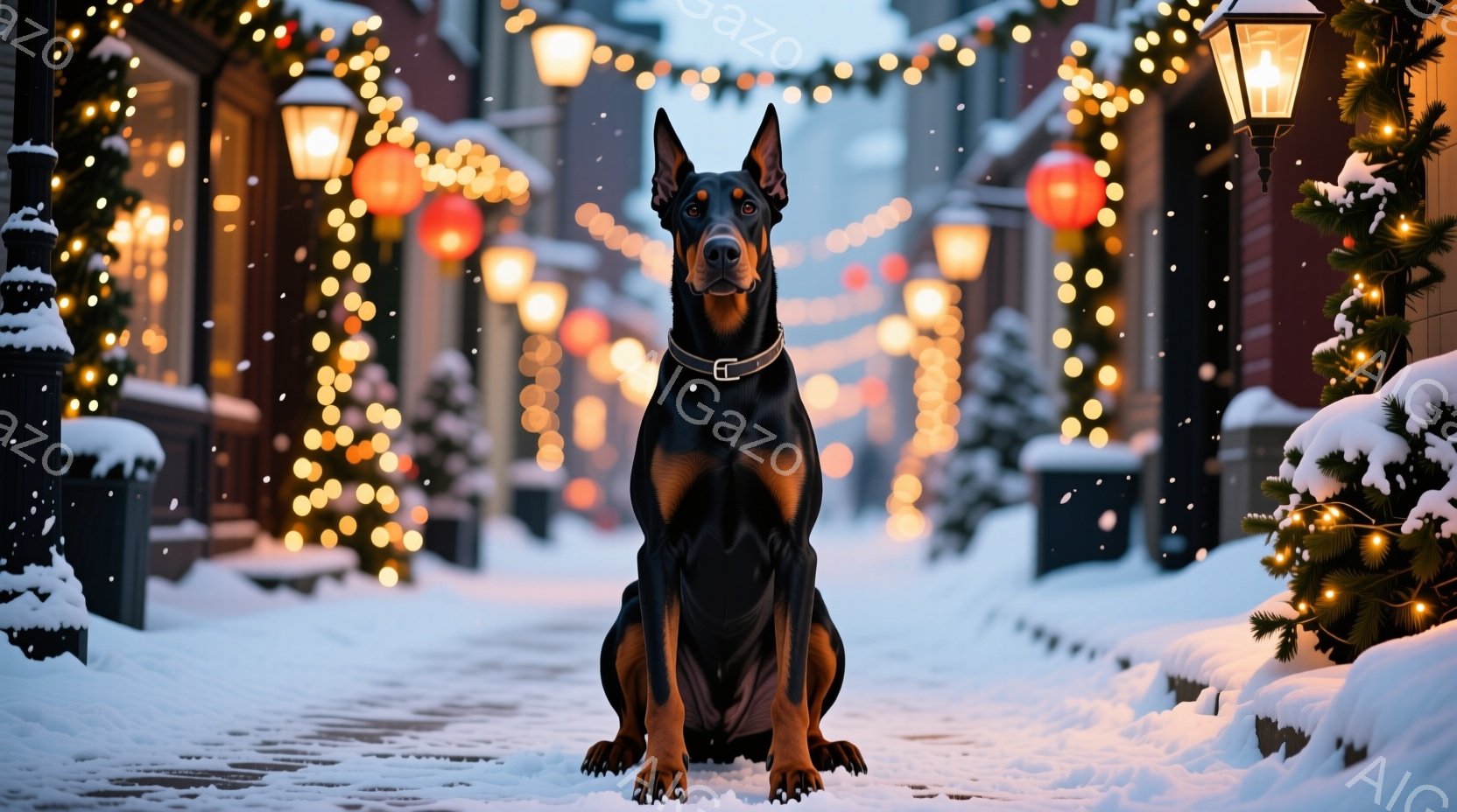 黒いドーベルマンが雪で覆われた通りの真ん中に座っています。背景には、クリスマス装飾が施された建物と、キラキラと輝く電飾が連なっています。雪が舞い降りる冬の夜の、暖かく幻想的な雰囲気です。