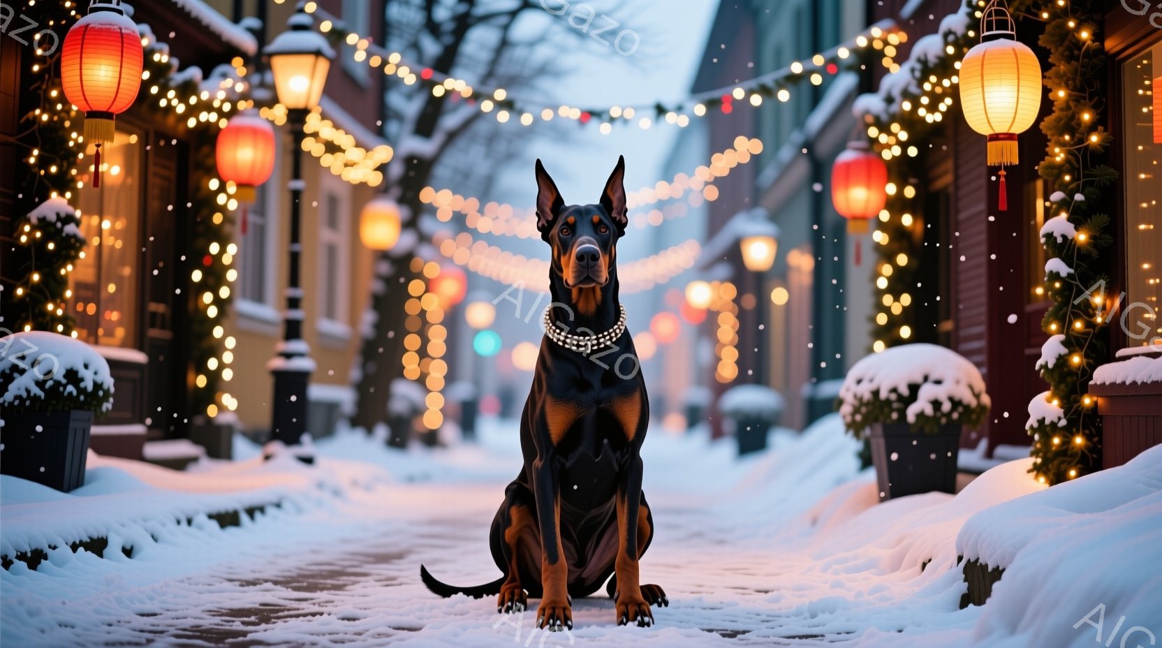 黒いドーベルマンが雪で覆われた石畳の道に座っており、赤い首輪をつけている。背景には、クリスマスのような飾り付けがされた建物が並び、雪が舞っている。全体的に、冬の穏やかで、お祝いの雰囲気を感じさせる画像 - AI生成フリー素材