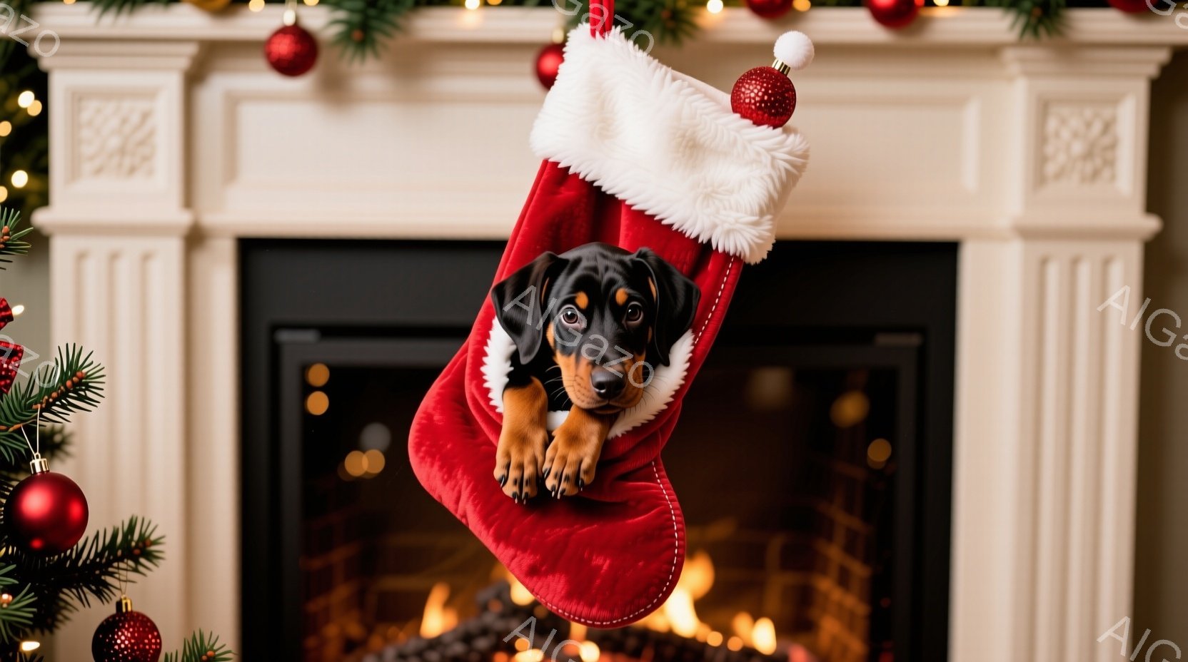 赤いクリスマスストッキングの中に、茶色と黒の毛並みの小さな子犬が顔を出しています。子犬は少し不安そうな表情で、前足をストッキングの縁につかまり、好奇心と緊張が入り混じった様子です。背景には暖炉の炎と、 - AI生成フリー素材