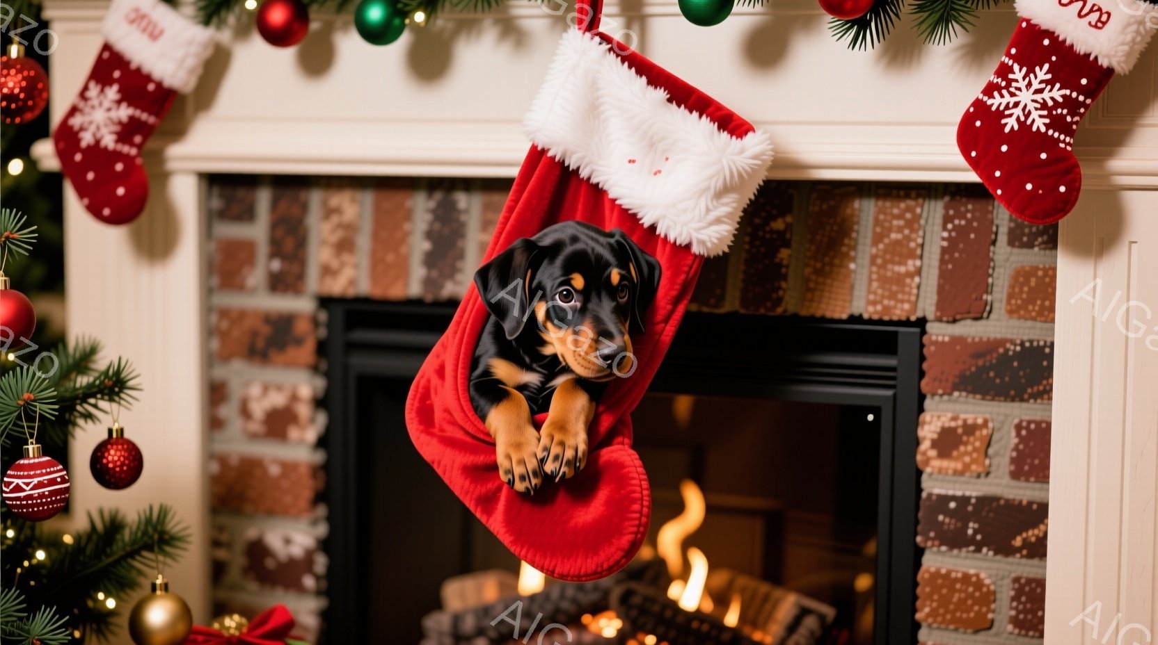 赤いクリスマスストッキングの中に、茶色と黒の毛並みを持つ子犬が顔を出しています。子犬は少し困ったような表情で、前足を出してストッキングの縁につかまっています。背景にはレンガ造りの暖炉と、クリスマスオー - AI生成フリー素材