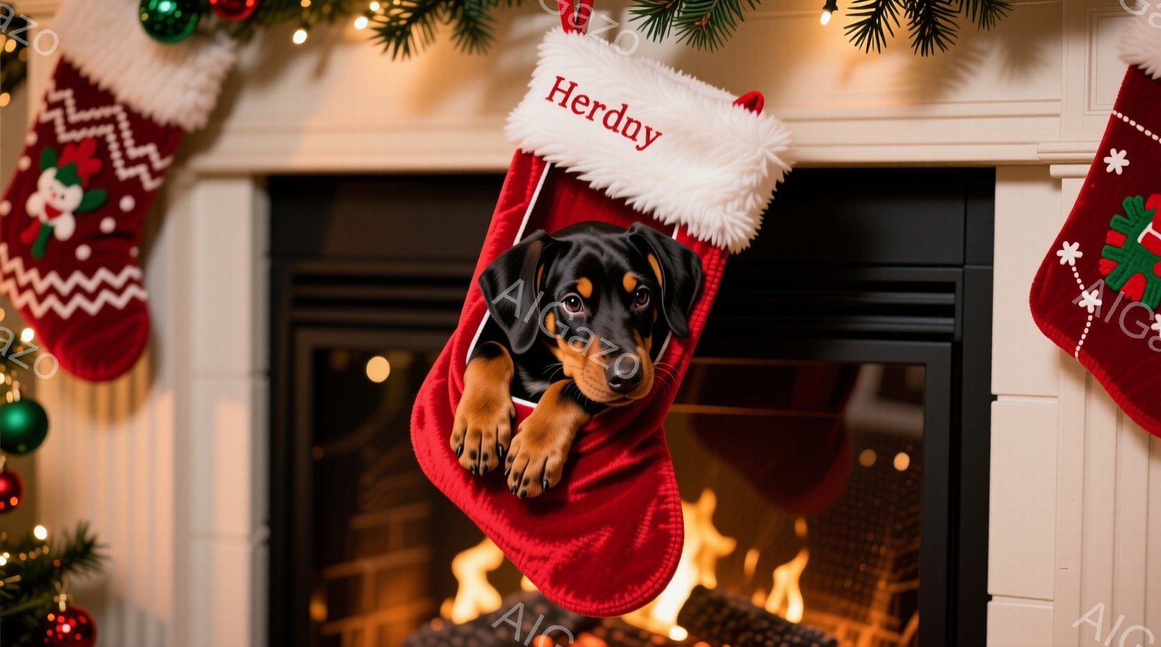 クリスマスを祝う暖炉のそばで、小さな黒と茶色の犬が赤いクリスマスストッキングから顔を覗かせています。犬は好奇心旺盛な表情で、前足でストッキングの縁にしっかりと掴まっています。背景には、緑のガーランドと輝くクリスマスライト、そして暖炉の炎が暖かく穏やかな雰囲気を醸し出しています。