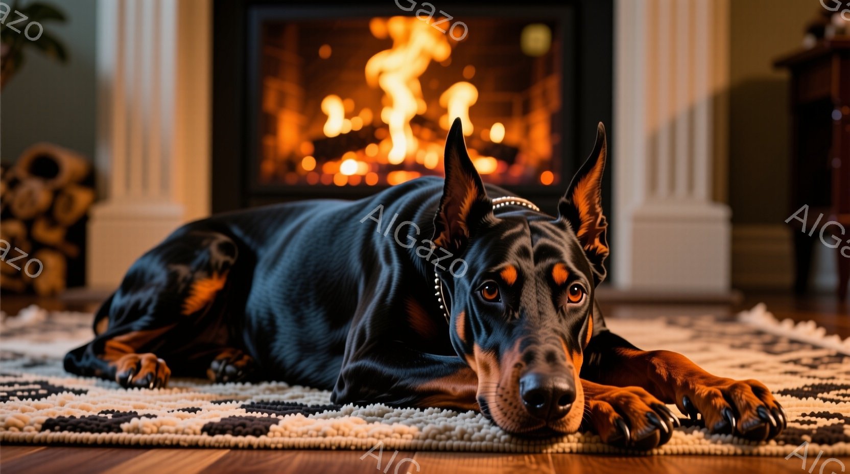 黒いドーベルマンが、白と茶色の敷物の上に横たわっています。その表情はリラックスしており、正面を見つめています。背景には暖炉があり、炎が燃え盛り、温かい雰囲気を醸し出しています。 - AI生成フリー素材