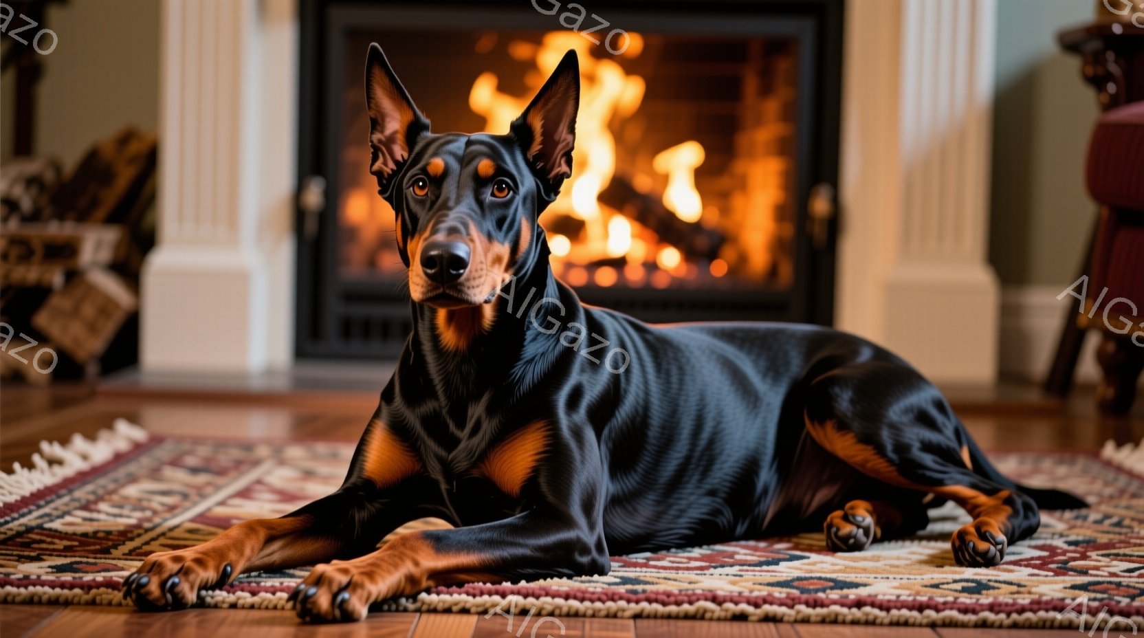 黒い毛並みと茶色のアクセントが特徴的なドーベルマンが、カラフルな絨毯の上にうつ伏せでリラックスしています。背景には暖炉があり、燃え盛る炎が心地よい暖かさを演出し、落ち着いた室内空間を伝えています。 全体的に、安らぎと温かさを感じさせる、穏やかな雰囲気の画像です。