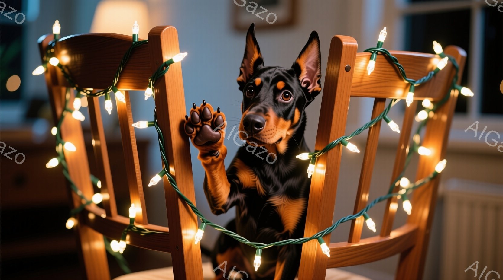 茶色と黒の毛並みを持つ小型犬が、クリスマスツリーの電飾に囲まれた木製の椅子に座っています。犬は前足を上げて何かを要求しているかのように見え、その表情は好奇心と遊び心に満ちています。背景にはぼやけた室内 - AI生成フリー素材