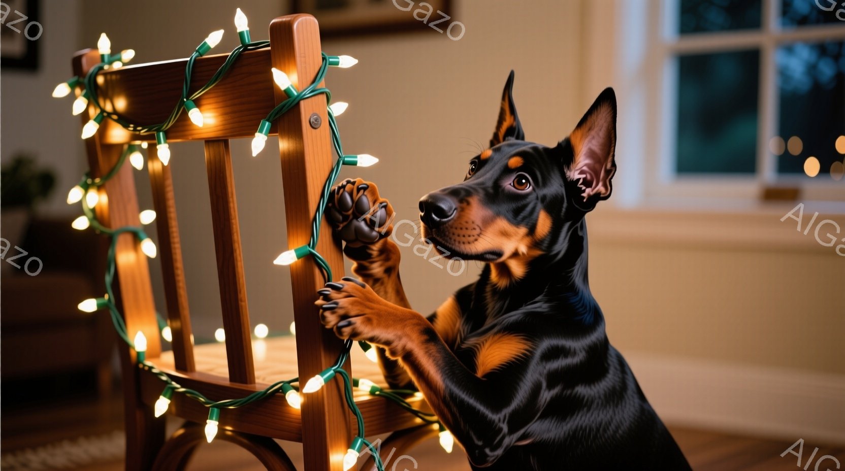 黒い毛並みのドーベルマンが、クリスマスツリーの電飾を巻き付けた椅子に前足をかけて、好奇心旺盛な表情で電飾を見上げています。背景にはぼんやりと見える室内と窓があり、暖かく穏やかな雰囲気が漂っています。犬の視点から、少し遊び心のある、クリスマスの準備の様子が切り取られています。