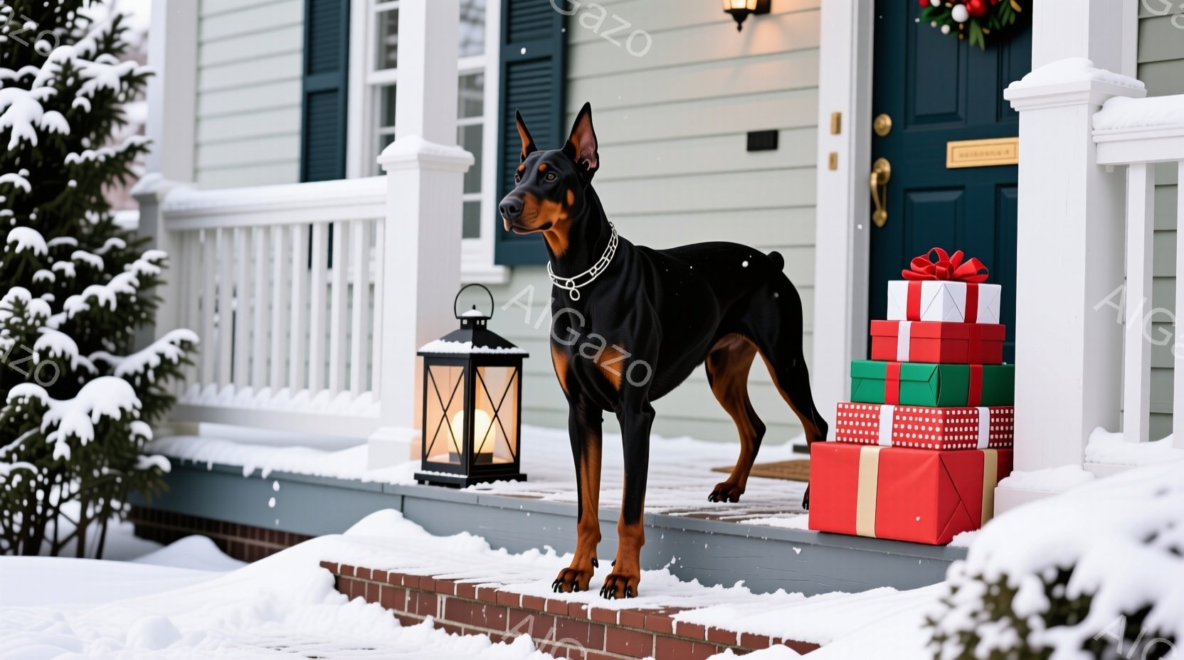 玄関のステップに、首輪をつけた黒いドーベルマン犬が凛々と立っている。背景には雪が積もり、赤いギフトボックスの山と、点灯したランタンが配置されており、クリスマスの温かい雰囲気を醸し出している。雪景色と赤 - AI生成フリー素材