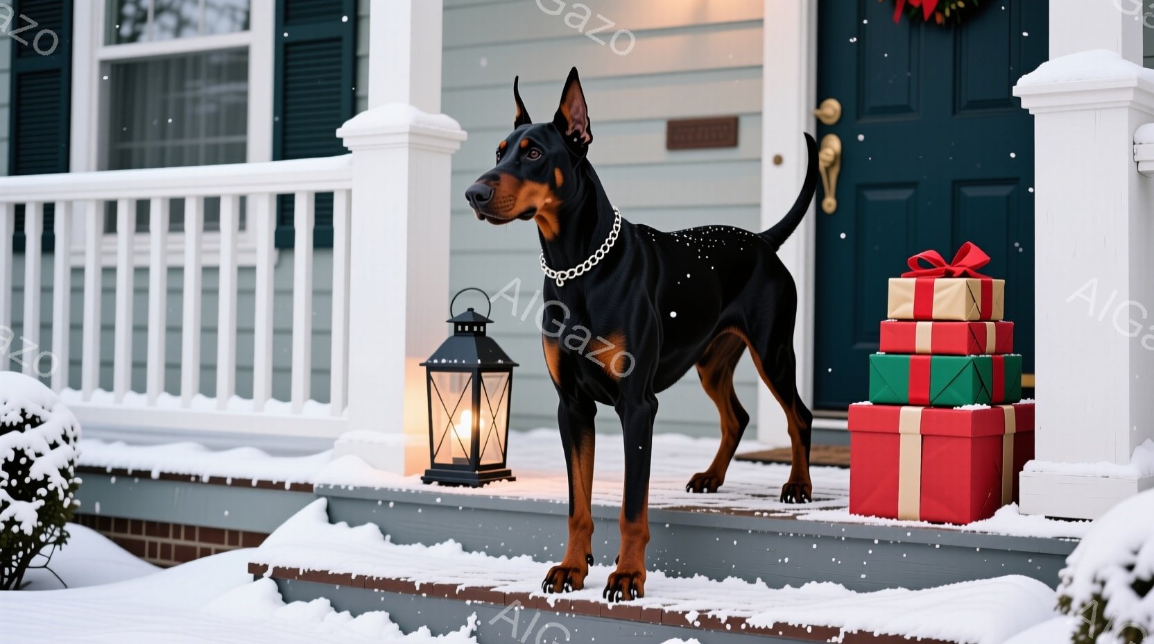 黒いドーベルマンが雪積もった家の階段に立っており、首には金属製の首輪をつけている。背景にはクリスマスプレゼントの箱が積み重ねられ、暖炉の光が灯ったランタンが置かれている。全体的に雪景色で、温かく祝祭的 - AI生成フリー素材