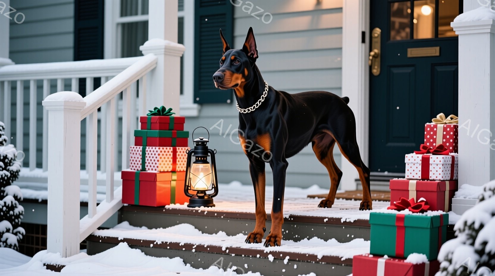 黒いドーベルマンが雪の降る家の階段に立っており、赤い首輪をつけて凛々しく立っている。周囲にはクリスマスプレゼントの箱が積み重ねられ、オレンジ色の灯りが暖かく照らし出している。背景は雪景色で、家は白とグレーの落ち着いた色合いで、全体的に温かく、お祝いの雰囲気が漂っている。