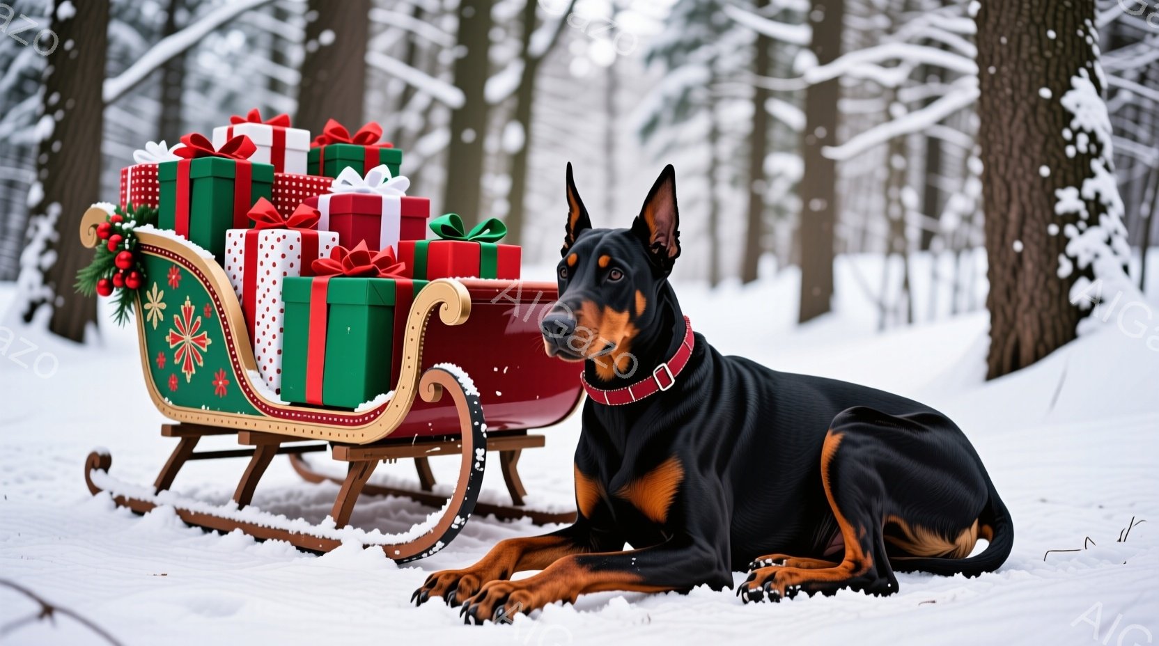 真っ白な雪景色の中に、黒いドーベルマン犬が赤いソリの横に横たわっています。ソリにはカラフルな包装紙で包まれたたくさんのプレゼントが積み上げられ、クリスマスの装飾が施されています。背景にはうっすらと木々 - AI生成フリー素材