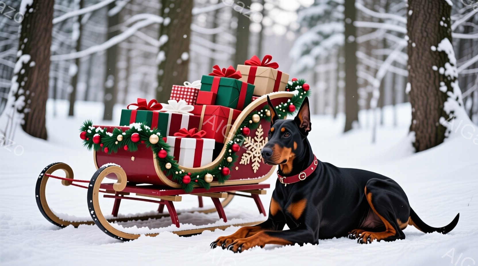 真っ白な雪景色の中に、赤いそりがプレゼントの山と共に置かれている。そばには、黒と茶色のドーベルマンが横たわり、赤い首輪をつけている。背景には雪で覆われた木々が立ち並び、クリスマスの暖かく穏やかな雰囲気 - AI生成フリー素材