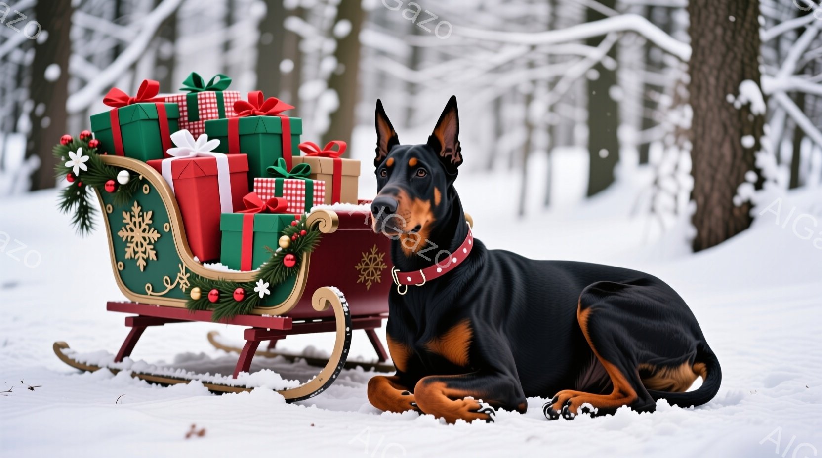 黒と茶色のドーベルマンが雪景色の中でそりに寄り添って横たわっています。そりにはカラフルなリボンで飾られたプレゼントが積み上げられ、雪と緑の装飾が冬の雰囲気を盛り上げています。背景には雪に覆われた木々が - AI生成フリー素材