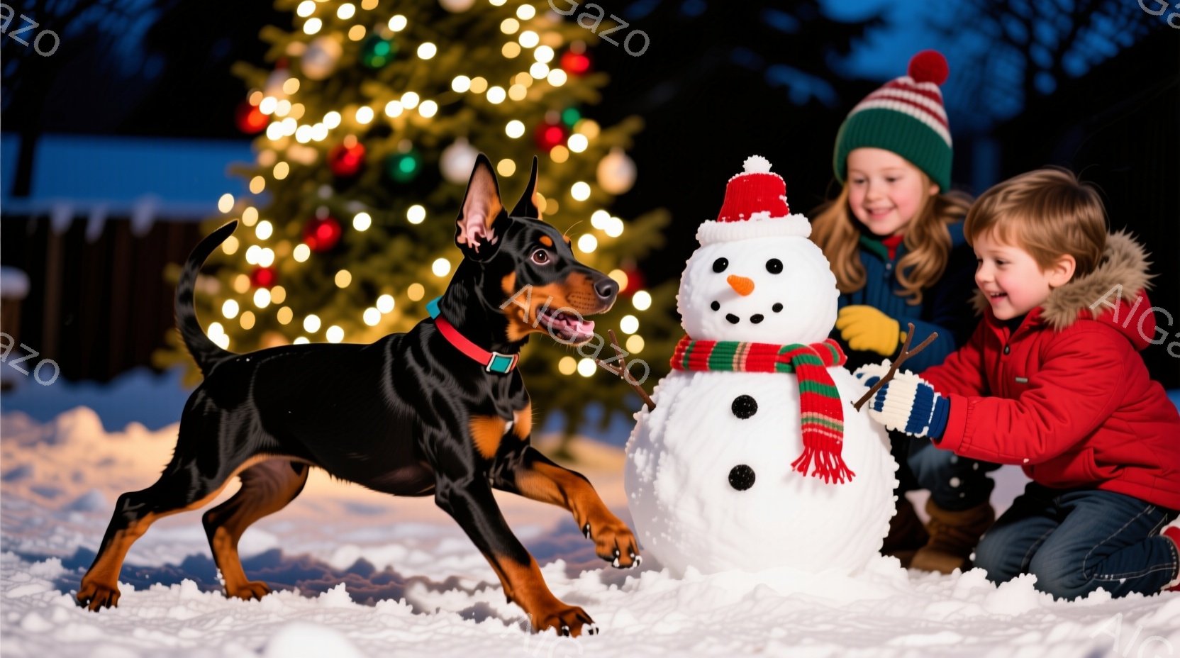 雪景色の中で、少年が雪だるまにマフラーを巻き付けています。少年は緑色のジャケットと茶色の縁取りのフード付きのコートを着ており、笑顔で雪だるまを見つめています。背景には、キラキラと輝くクリスマスツリーの - AI生成フリー素材
