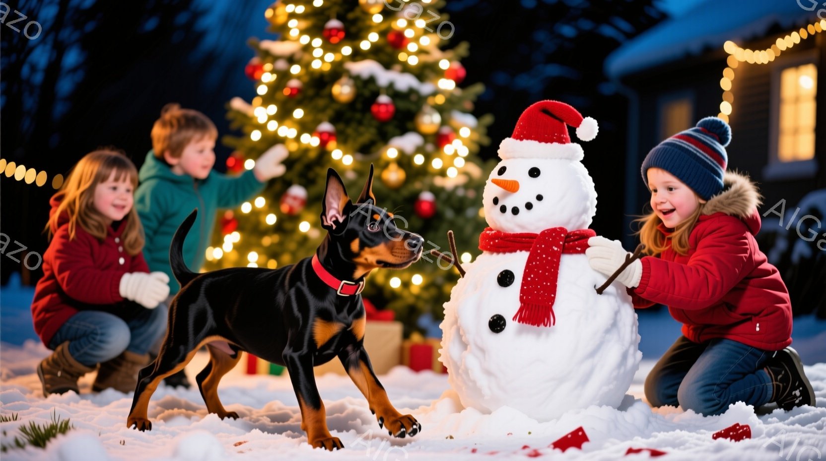 雪景色の中で、二人の子供と一匹の犬が雪だるまを作っています。女の子は赤いコートと帽子を着用し、雪だるまに枝を腕に見立てて取り付けようとしています。男の子は緑のジャケットを着ており、黒いテリアの犬は興奮 - AI生成フリー素材