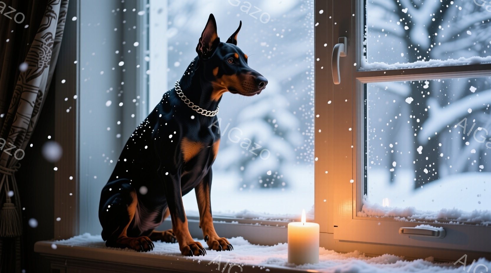 黒いドーベルマンが窓辺に座り、外の雪景色を眺めている。窓枠には雪が積もり、近くには灯されたキャンドルが暖かな光を放っている。外は雪が降り積もり、静かで穏やかな冬の雰囲気が漂っている。