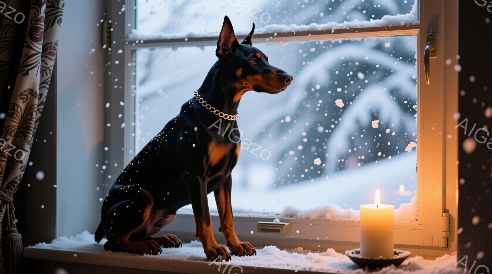 黒いドーベルマンが雪が降る窓辺に座って外を見つめている。室内には暖かそうな光が灯ったキャンドルがあり、窓枠には雪が積もっている。外は雪景色で、全体的に静かで穏やかな冬の雰囲気が漂っている。 - AI生成フリー素材