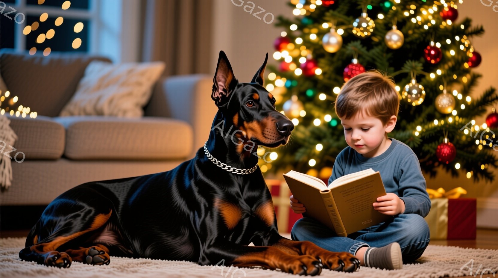 少年は床に座り、膝の上で本を開いて読んでいる。そばにはドーベルマンが横たわり、少年をじっと見つめている。背景にはクリスマスツリーが飾られ、暖かく穏やかな家庭的な雰囲気が漂っている。