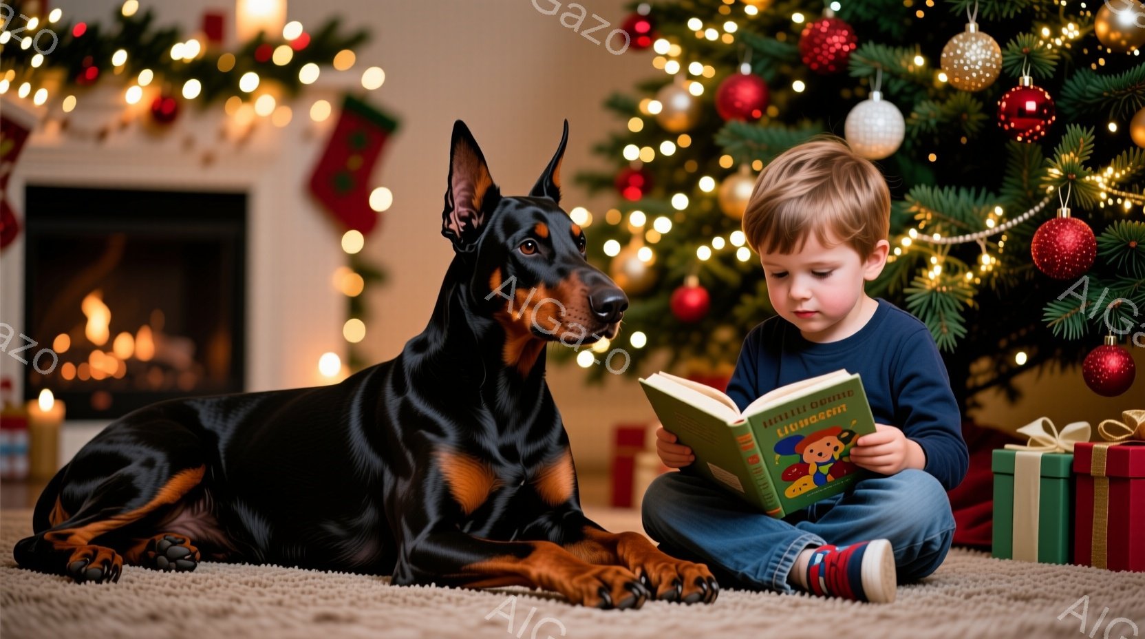 小さな少年が床に座って絵本を読んでおり、その隣には黒いドーベルマン犬が横たわっています。少年は濃い青色の服を着ており、明るい茶色の髪は少し乱れています。背景には、装飾されたクリスマスツリーと暖炉があり - AI生成フリー素材