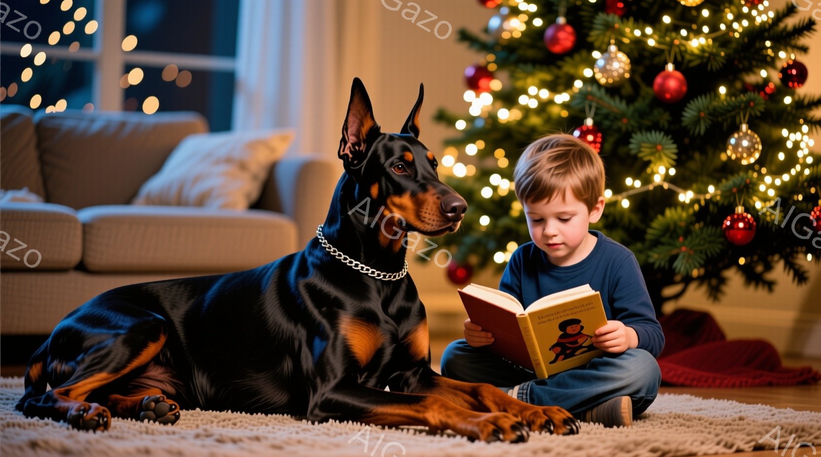 少年はカーペットの上に座り、膝の上で絵本を開いて読んでいる。大きなドーベルマン犬が少年の隣に横たわり、リラックスした様子で本を読む少年に見つめている。背景には、クリスマスツリーが飾られた明るいリビング - AI生成フリー素材