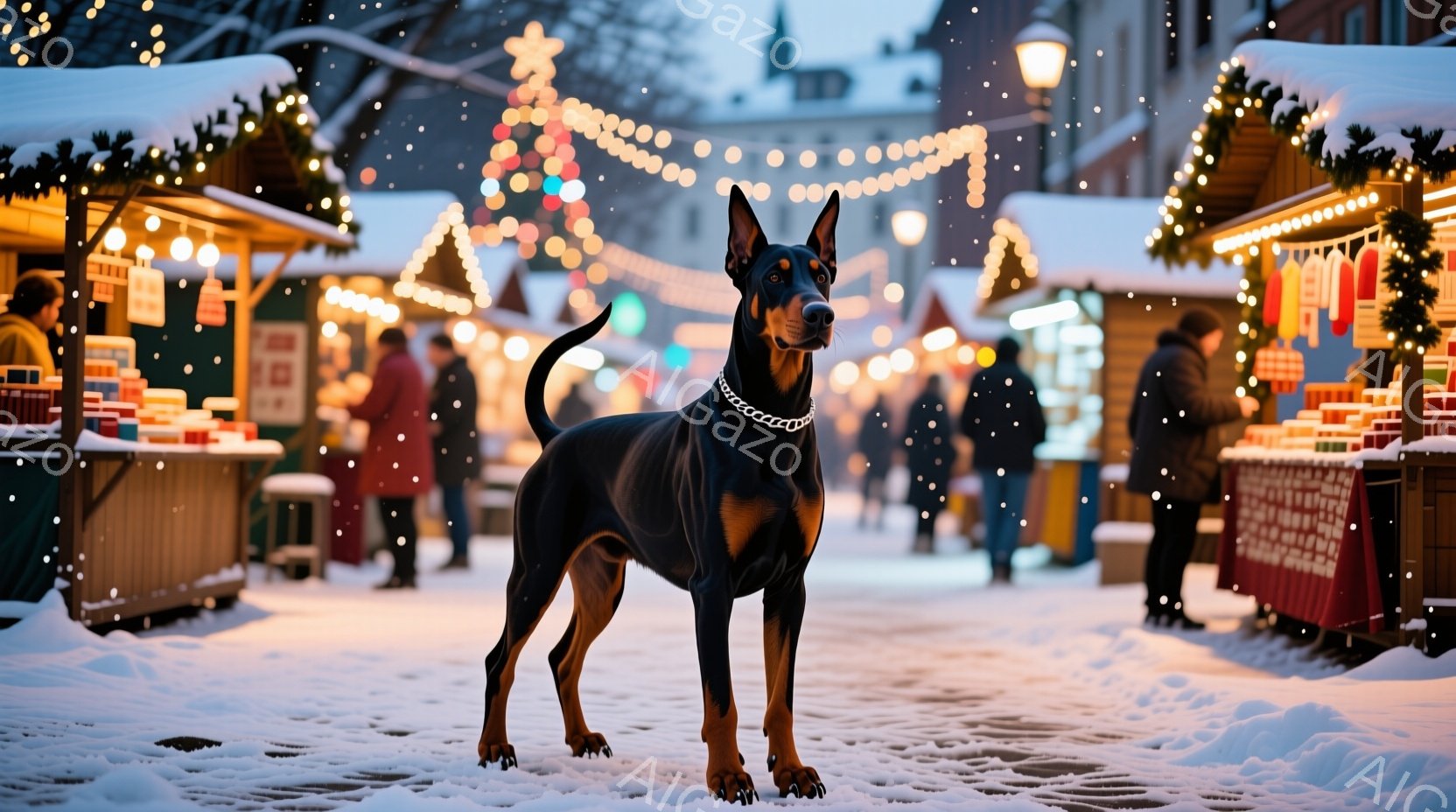 ドーベルマンが雪が降るクリスマスマークレットの通りに立っている。黒い毛並みと茶色の模様を持ち、首には金属製の首輪をつけている。背景にはクリスマスの飾り付けがされた屋台が並び、遠くには建物が見え、幻想的 - AI生成フリー素材