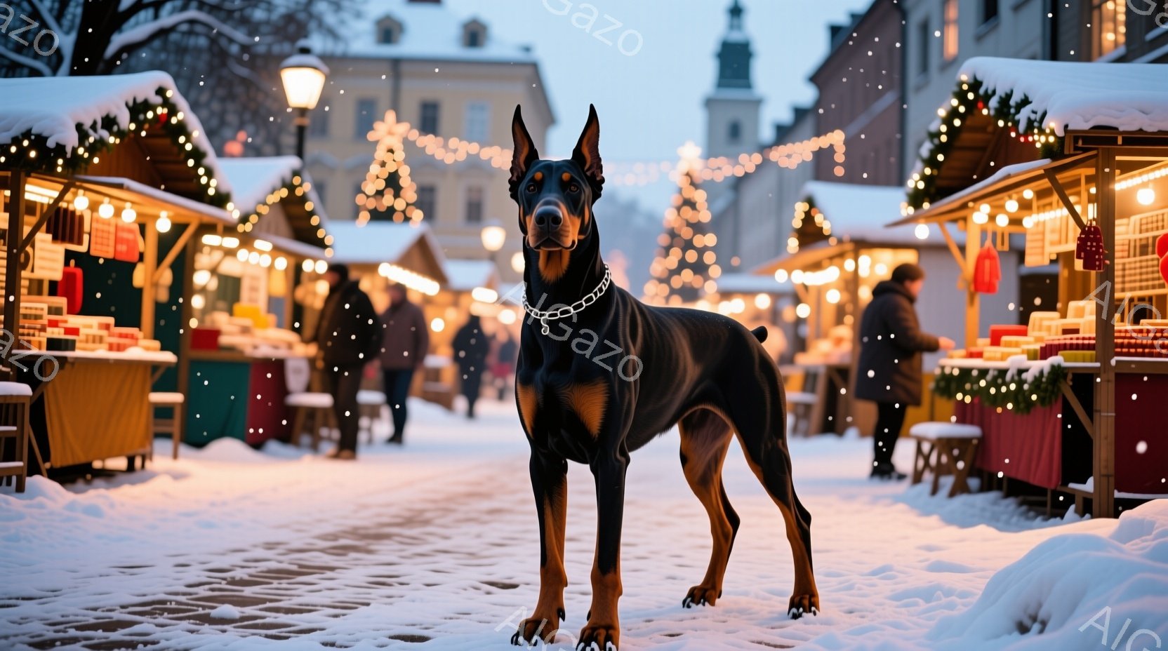 黒いドーベルマンが雪で覆われた石畳の通りに堂々と立っている。背景には、クリスマスマーケットの屋台が並び、温かい光が灯り、雪が舞い散る冬の風景が広がっている。建物は歴史的な様式で、全体的に暖かく、お祭り - AI生成フリー素材