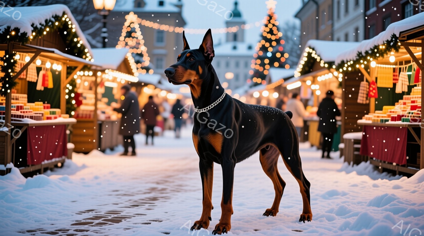 雪が降るクリスマスマーケットで、堂々としたドーベルマンが写っている。ドーベルマンは黒い毛並みで、首輪をつけており、力強く前を見据えている。背景には、装飾された屋台や建物が並び、キラキラとした光が降り注ぎ、お祝いムードを演出している。