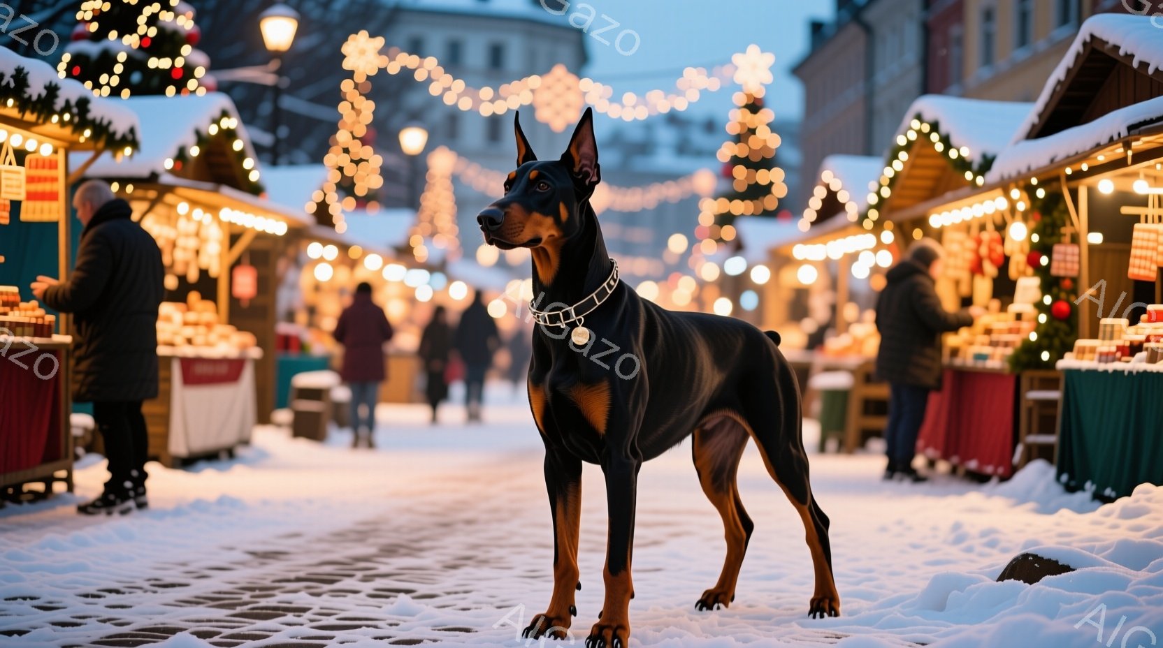 石畳の通りに立つドーベルマンが写っている。背景には、クリスマスのイルミネーションで飾られた屋台が並び、人々の姿も見られる。雪が降ったようで、地面は雪で覆われており、全体的に温かく幻想的な雰囲気が漂って - AI生成フリー素材