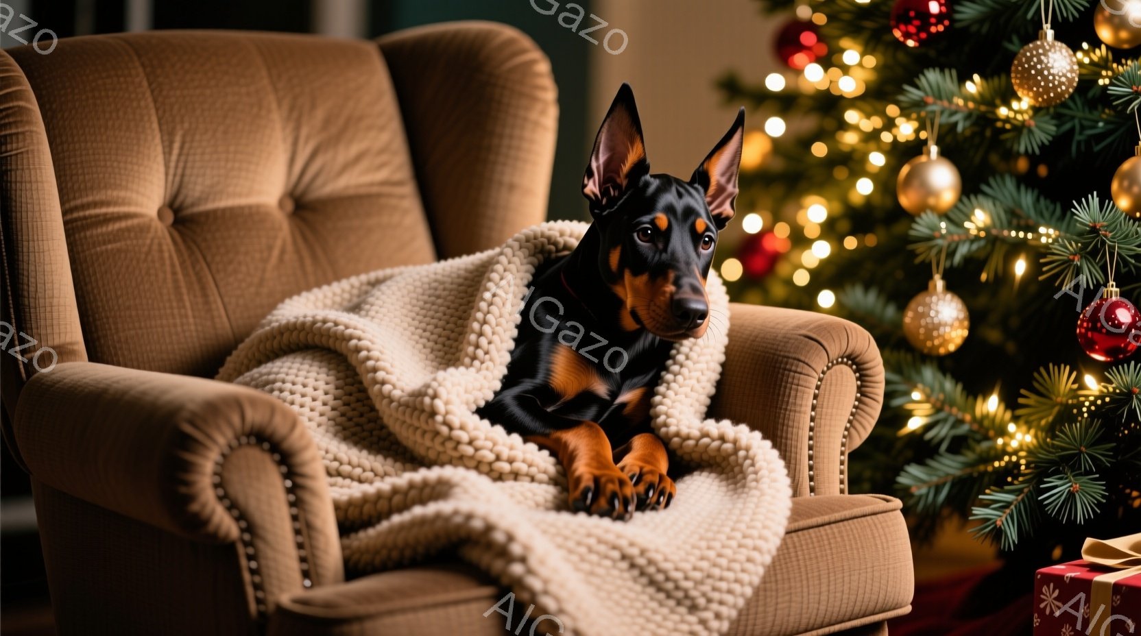 茶色の肘掛け椅子に、黒と茶色のダックスフントが横たわっています。犬は白い編み物のブランケットに包まれ、リラックスした表情でこちらを見ています。背景には、クリスマスツリーとプレゼントボックスが見え、温か - AI生成フリー素材