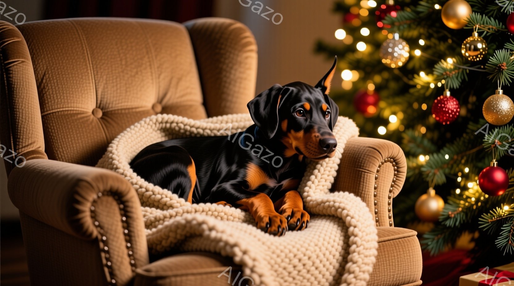 深い茶色の肘掛け椅子に、黒と焦げ茶色のドーベルマンが横たわっています。白い編み物のブランケットが椅子の縁に掛けられ、犬を優しく包み込んでいます。背景には、オーナメントで飾られたクリスマスツリーがぼんや - AI生成フリー素材
