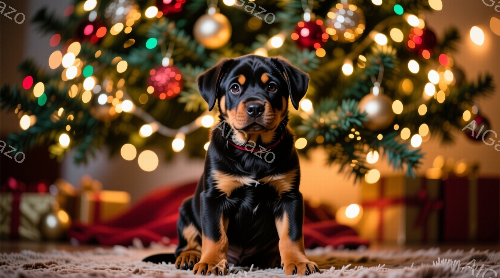 黒と茶色の毛並みを持つ子犬が、毛布の上に座ってこちらを見つめている。背景にはクリスマスツリーが飾られ、ぼんやりとした光が暖かく輝いている。全体的に、可愛らしく、お祝いムードに満ちた雰囲気である。 - AI生成フリー素材