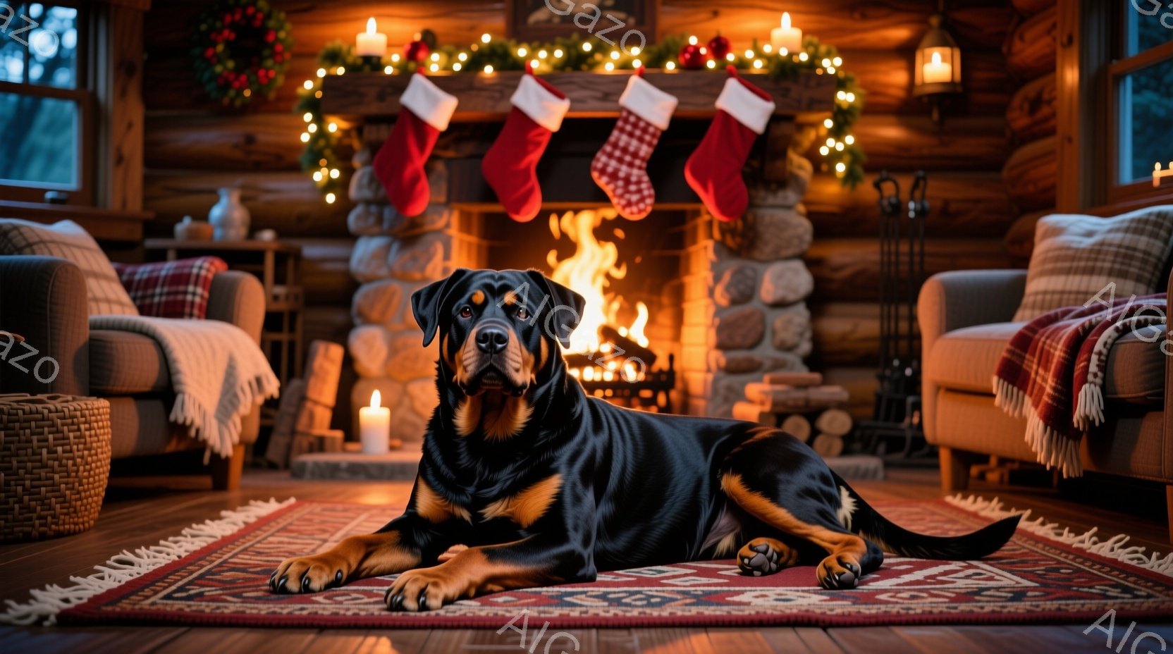 暖炉の前で、黒い毛並みのドーベルマンが落ち着いて横たわっています。部屋は木のぬくもりを感じさせる内装で、クリスマスの装飾が施された暖炉、手編みのブランケットがかけられた椅子、そして明るい色のラグが暖か - AI生成フリー素材