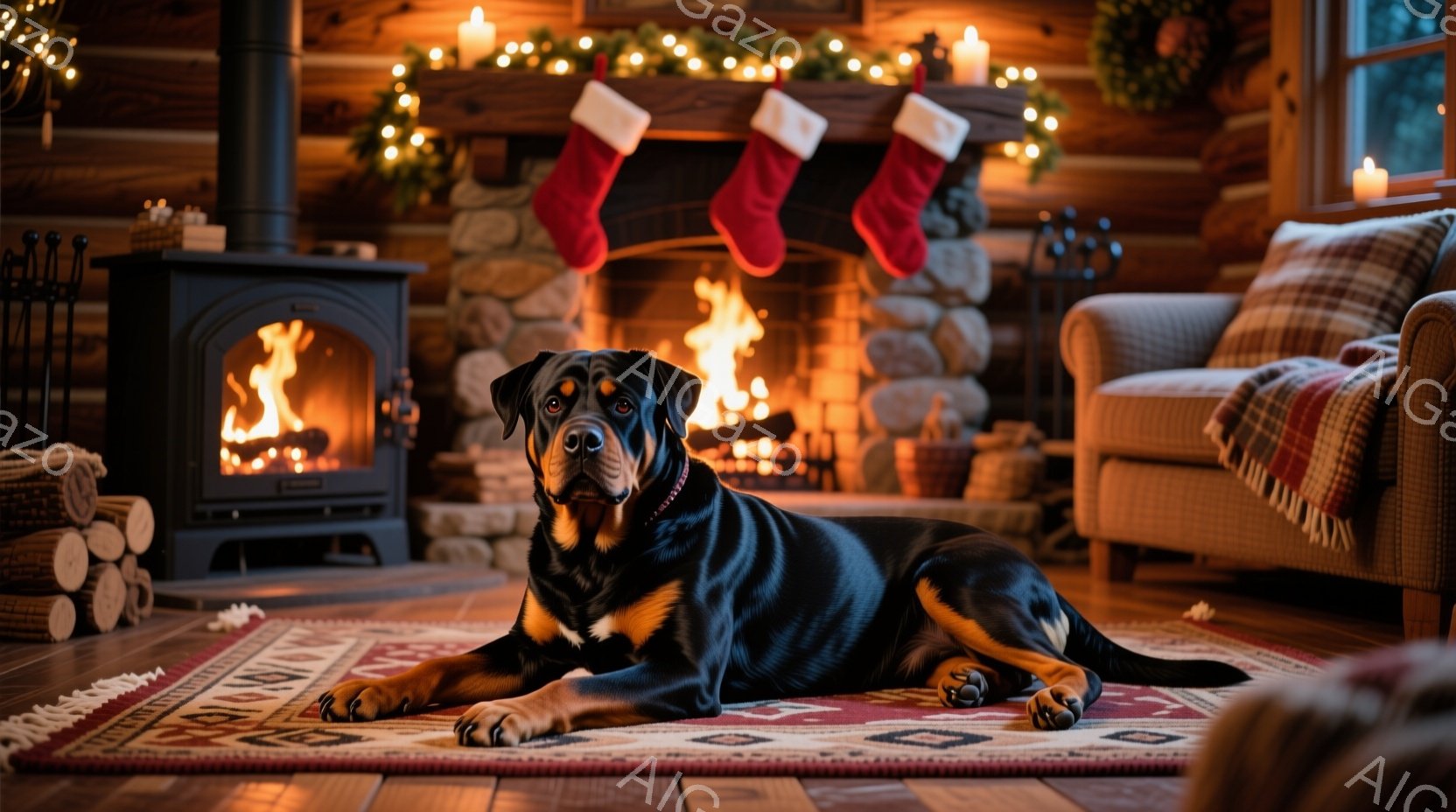 暖炉の前に、黒と茶色の毛並みを持つロットワイラーが、落ち着いた様子で横たわっています。背景には、クリスマスソックスが飾られた石造りの暖炉と、キャンドルの灯りが温かい雰囲気を醸し出しています。木製の壁と - AI生成フリー素材