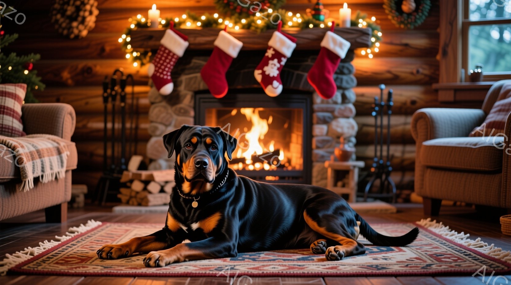 暖炉の前で、黒と茶色の毛並みの大型犬が敷物の上で横たわっています。犬はリラックスした様子で、正面を見つめており、首輪をつけています。背景には、クリスマス飾り付けの暖炉と、椅子、そして木製の壁があり、暖 - AI生成フリー素材