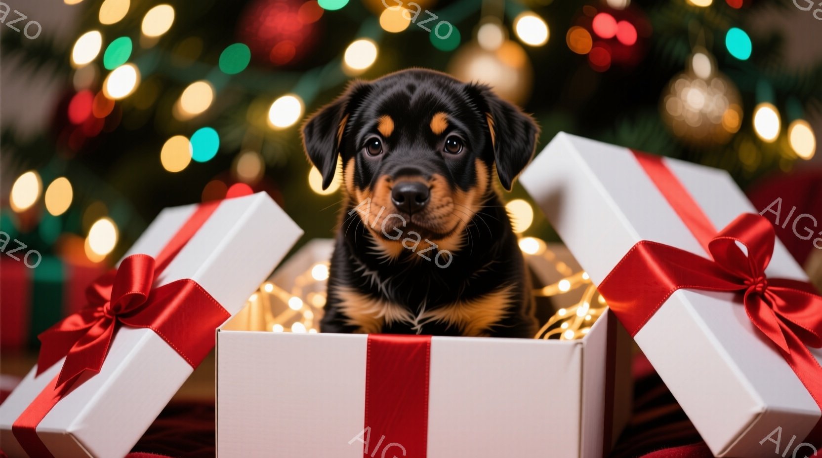 黒い毛並みに茶色のアクセントのある子犬が、赤いリボンで飾られた白いギフトボックスの中から顔を出しています。子犬は好奇心と少しの戸惑いが入り混じった表情で、こちらを見ています。背景にはぼやけた光の粒子が - AI生成フリー素材