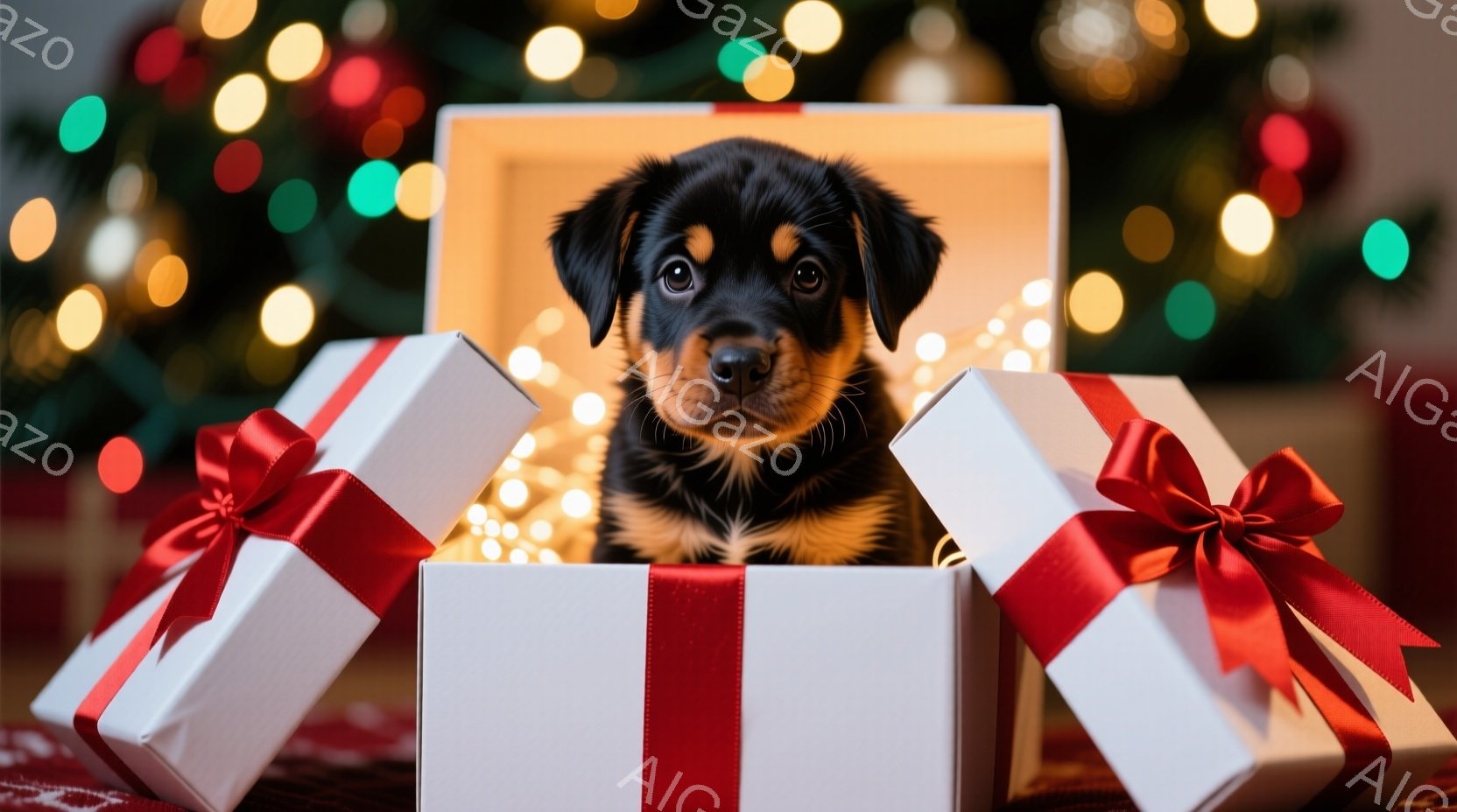 小さな黒と茶色のパピーが白いプレゼントボックスの中から顔を覗かせています。パピーは好奇心に満ちた表情でカメラを見つめており、背景にはぼやけたクリスマスのイルミネーションが輝いています。全体的に、暖かく - AI生成フリー素材