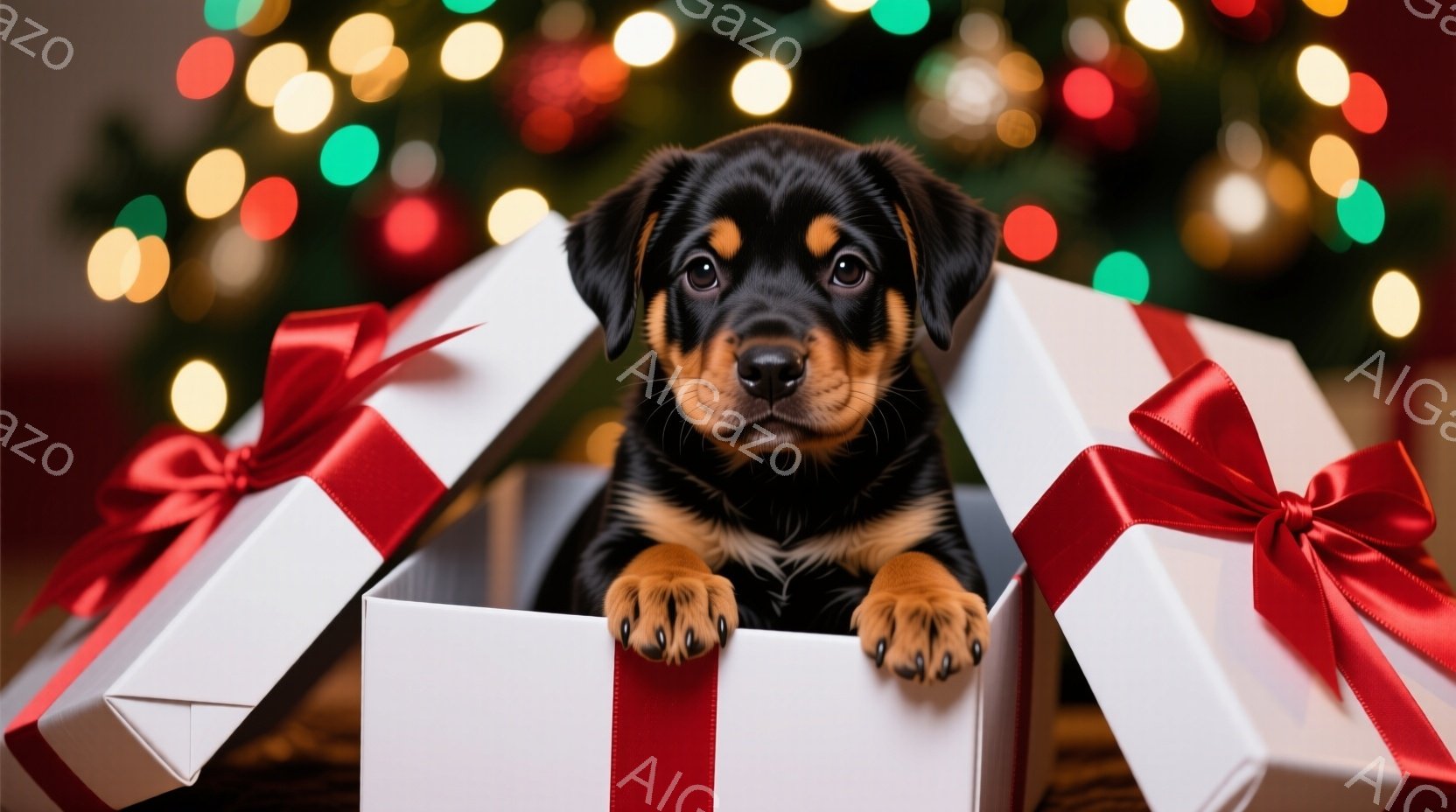 可愛らしい子犬がプレゼントボックスから顔を出しています。黒と茶色の毛並みで、大きな瞳が印象的です。背景にはぼやけたクリスマスツリーの光があり、お祝いムードを高めています。 - AI生成フリー素材