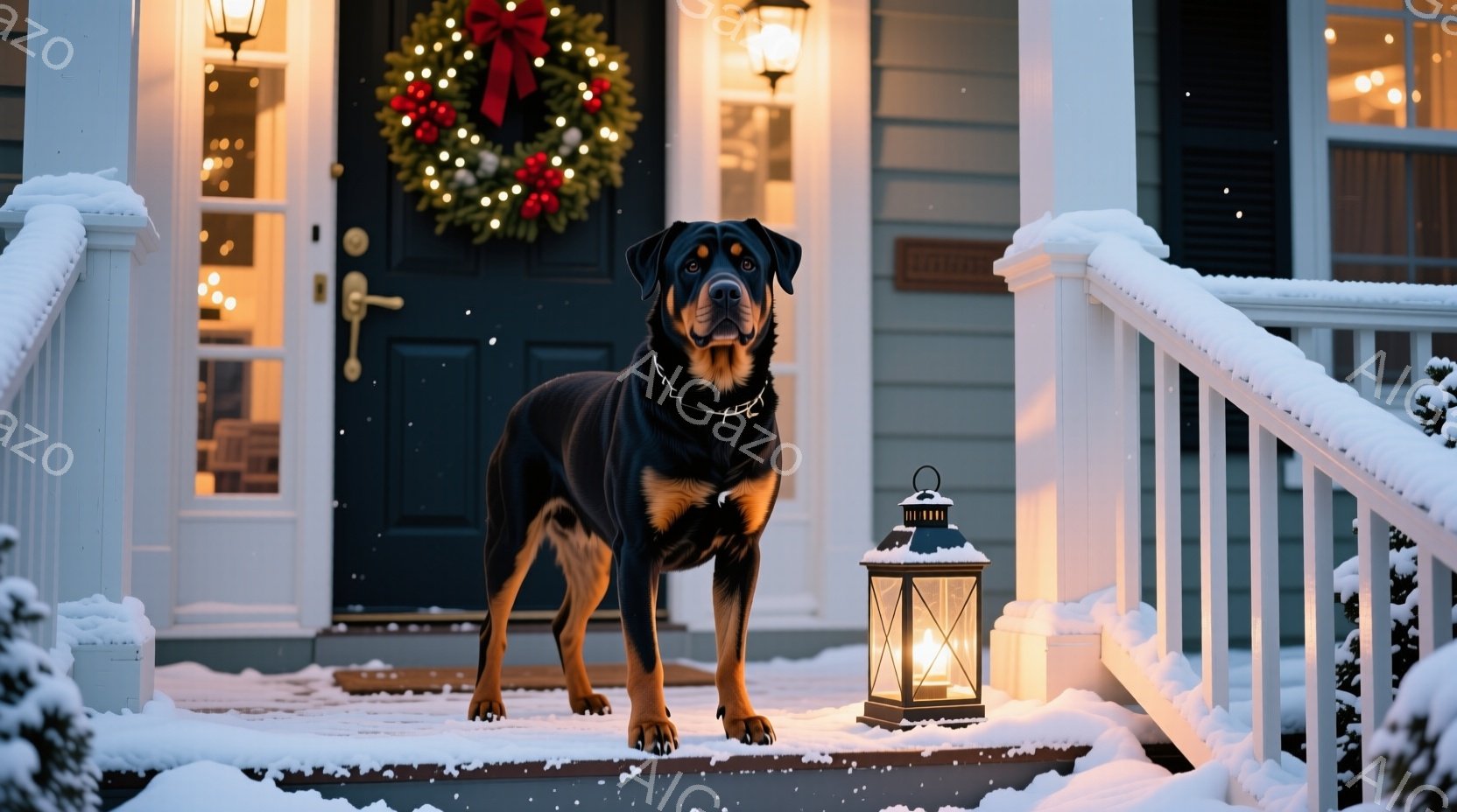 深い黒色のドーベルマン犬が雪で覆われた家のポーチに立っている。背景には、クリスマスリースが飾られた玄関ドアと、点灯したランタンがあり、雪が舞っている様子が描かれている。暖色系の光が犬とポーチ全体を照ら - AI生成フリー素材