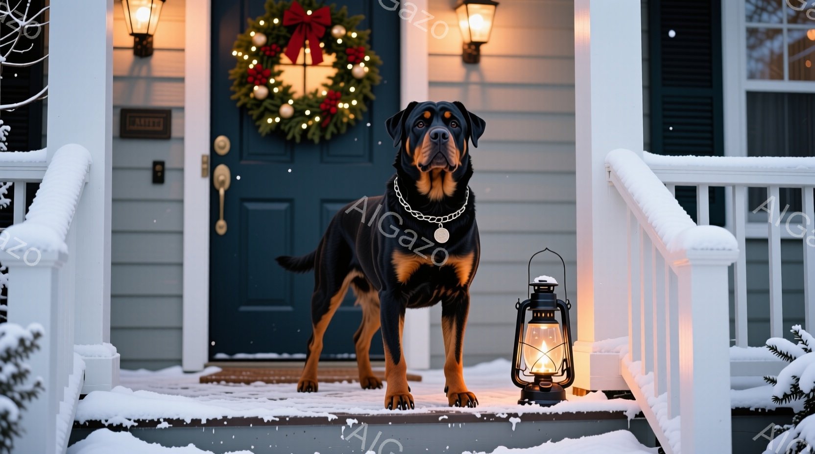 紺色の玄関ドアの前に、ローストブラウンの毛並みを持つ大型犬が立っている。白い装飾が施された階段に立ち、首輪には光るタグが付いている。背景には雪が積もり、クリスマスリースが飾られ、温かい光が灯されたランタンが置かれ、冬の穏やかな雰囲気を醸し出している。