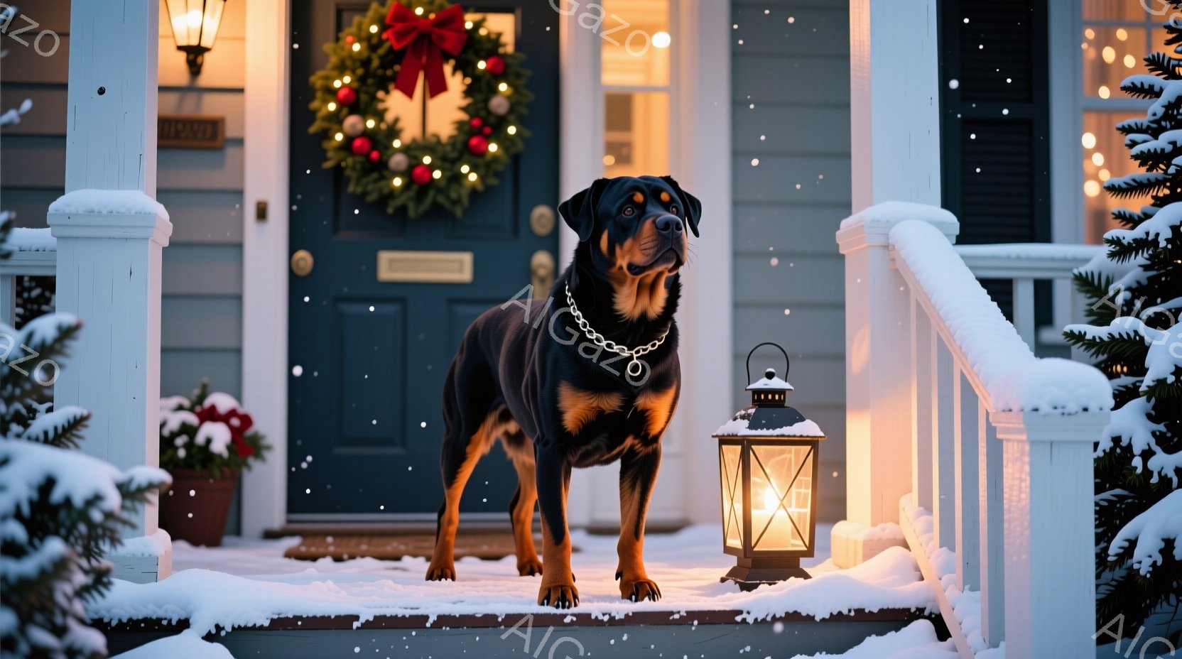 ドーベルマンが雪の積もった家のポーチに立っている。クリスマスのリースが飾られた青色のドアと、点灯したランタンが暖かさを添えている。雪がちらつき、落ち着いた雰囲気の中で、犬は誇らしげに正面を見据えている - AI生成フリー素材